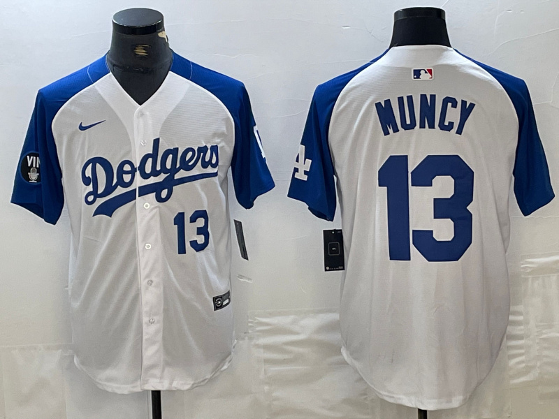 Personalized Men’s Los Angeles Dodgers #13 Max Muncy White Blue Vin Patch Cool Base Stitched Baseball Jersey