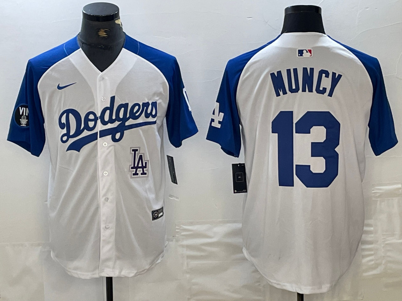 Personalized Men’s Los Angeles Dodgers #13 Max Muncy White Blue Vin Patch Cool Base Stitched Baseball Jersey