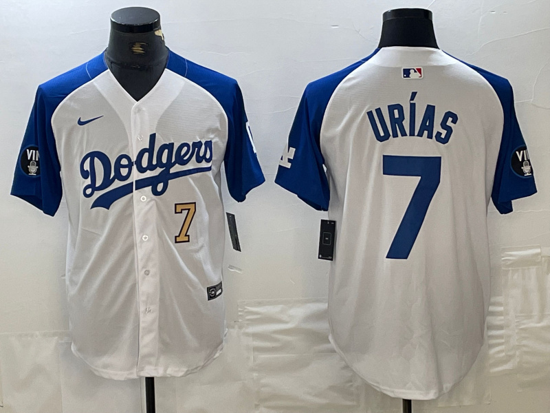 Personalized Men’s Los Angeles Dodgers #7 Julio Urías White Blue Vin Patch Cool Base Stitched Baseball Jersey