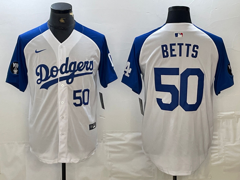 Personalized Men’s Los Angeles Dodgers #50 Mookie Betts White Blue Vin Patch Cool Base Stitched Baseball Jersey