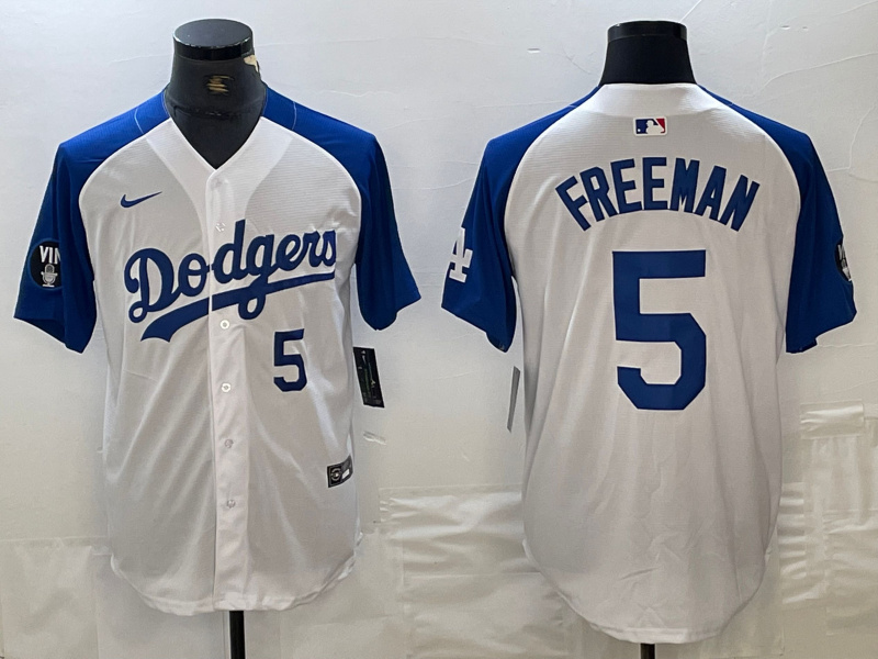 Personalized Men’s Los Angeles Dodgers #5 Freddie Freeman White Blue Vin Patch Cool Base Stitched Baseball Jersey