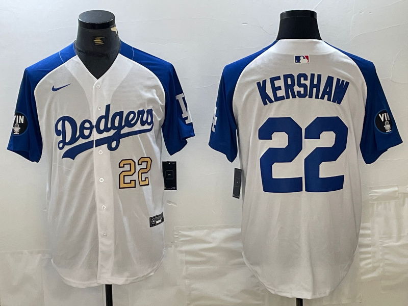 Personalized Men’s Los Angeles Dodgers #22 Clayton Kershaw White Blue Vin Patch Cool Base Stitched Baseball Jersey