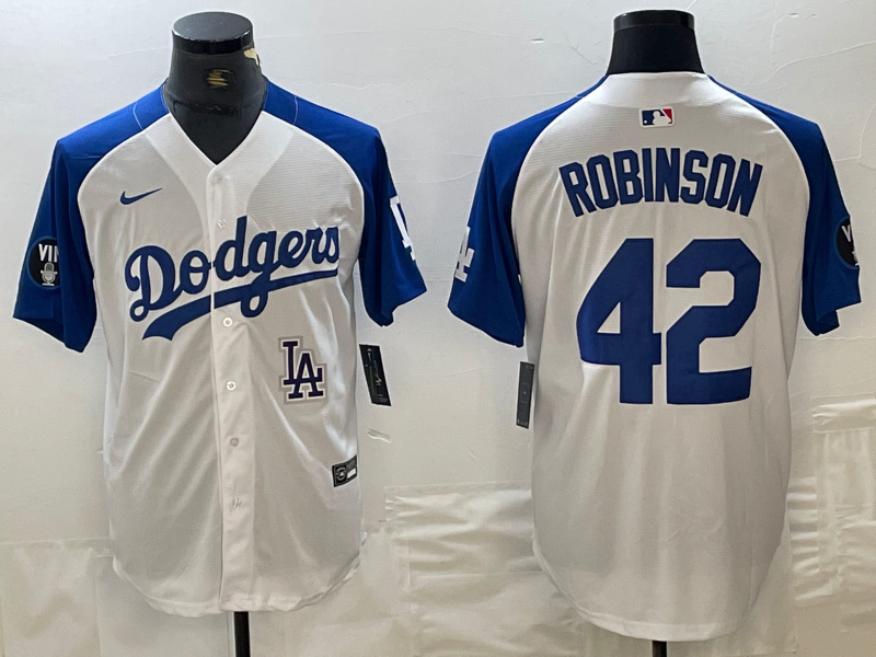 Personalized Men’s Los Angeles Dodgers #42 Jackie Robinson White Blue Vin Patch Cool Base Stitched Baseball Jersey