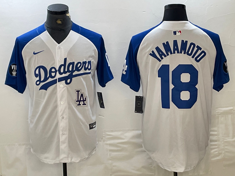 Personalized Men’s Los Angeles Dodgers #18 Yoshinobu Yamamoto White Blue Vin Patch Cool Base Stitched Baseball Jersey