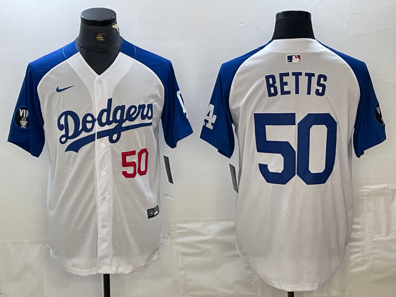 Personalized Men’s Los Angeles Dodgers #50 Mookie Betts White Blue Vin Patch Cool Base Stitched Baseball Jersey