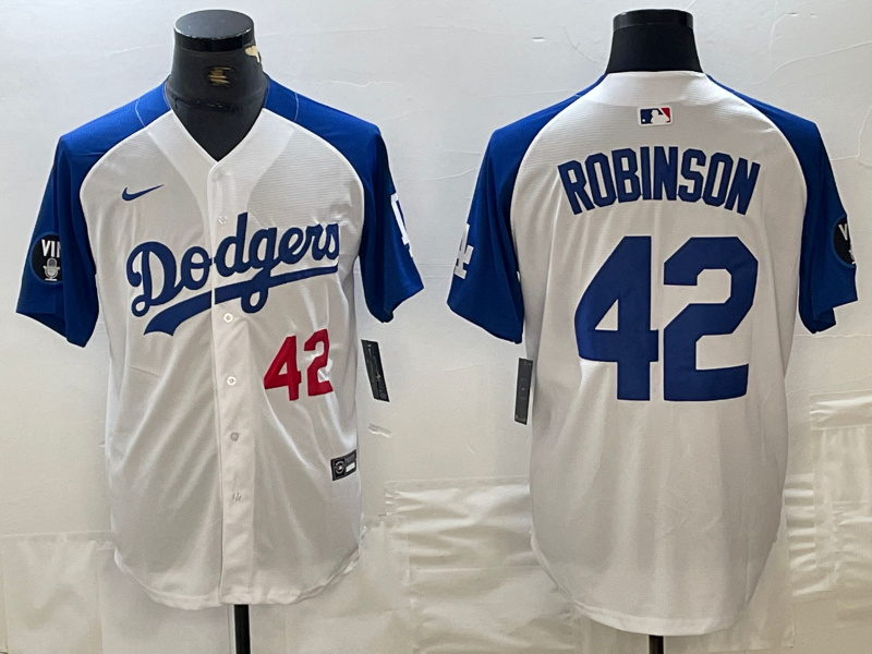 Personalized Men’s Los Angeles Dodgers #42 Jackie Robinson White Blue Vin Patch Cool Base Stitched Baseball Jersey