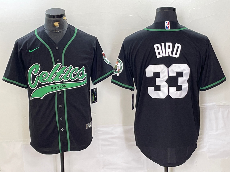 Personalized Men’s Boston Celtics #33 Larry Bird Black With Patch Stitched Baseball Jersey