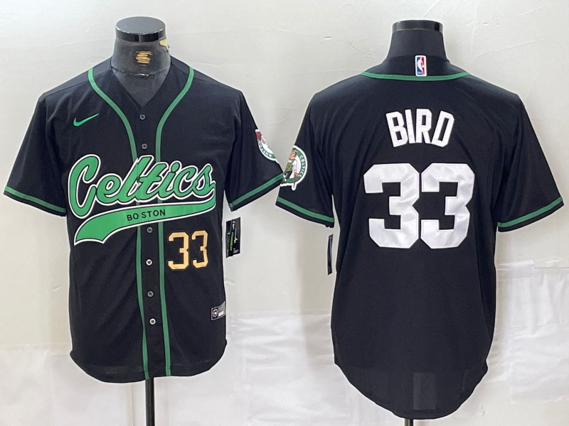 Personalized Men’s Boston Celtics #33 Larry Bird Black With Patch Cool Base Stitched Baseball Jersey
