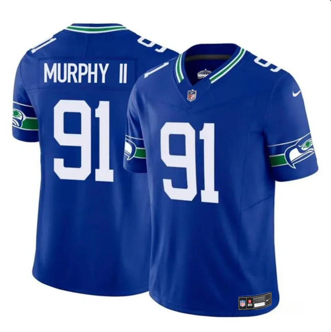Personalized Men’s Seattle Seahawks #91 Byron Murphy II Royal 2024 Draft F.U.S.E Throwback Limited Stitched Football Jersey