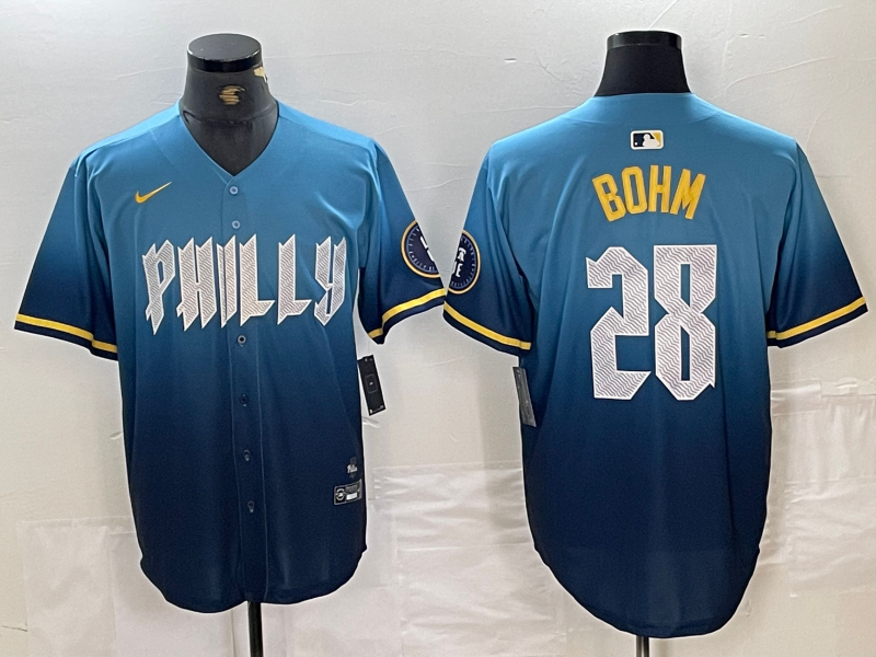 Personalized Men’s Philadelphia Phillies #28 Alec Bohm Blue 2024 City Connect Limited Stitched Baseball Jersey
