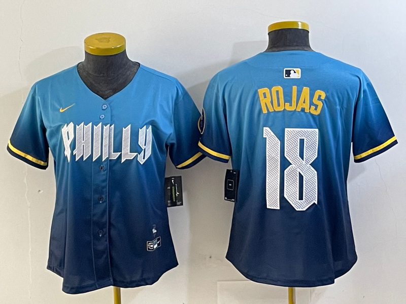 Personalized Women Philadelphia Phillies #18 Johan Rojas Blue 2024 City Connect Limited Stitched jerseys