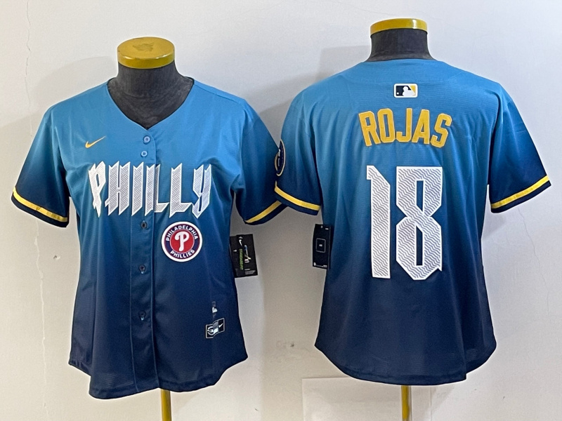 Personalized Women Philadelphia Phillies #18 Johan Rojas Blue 2024 City Connect Limited Stitched jerseys 3