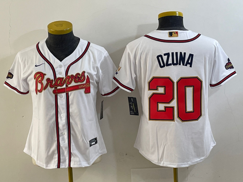 Personalized Women Atlanta Braves #20 Marcell Ozuna White Gold World Series Champions Program Stitched