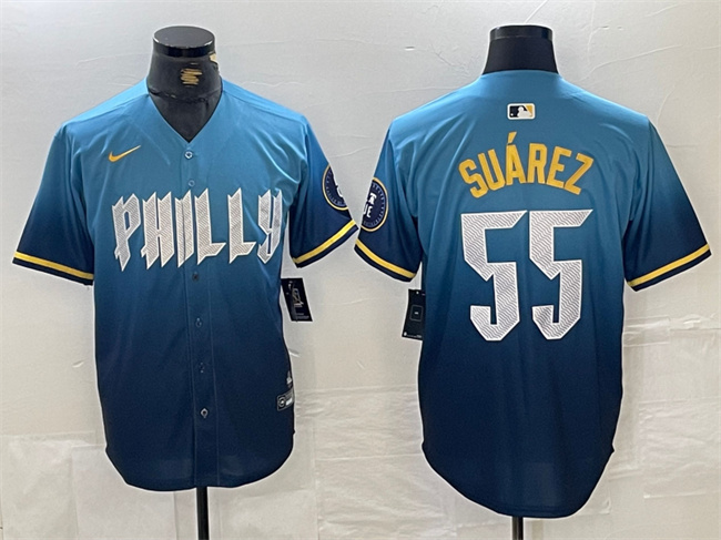 Personalized Men’s Philadelphia Phillies #55 Ranger Suárez Blue 2024 City Connect Limited Stitched Jersey