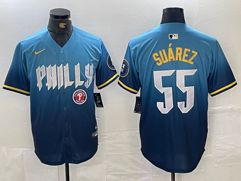 Personalized Men’s Philadelphia Phillies #55 Ranger Suárez Blue 2024 City Connect Limited Stitched Jersey