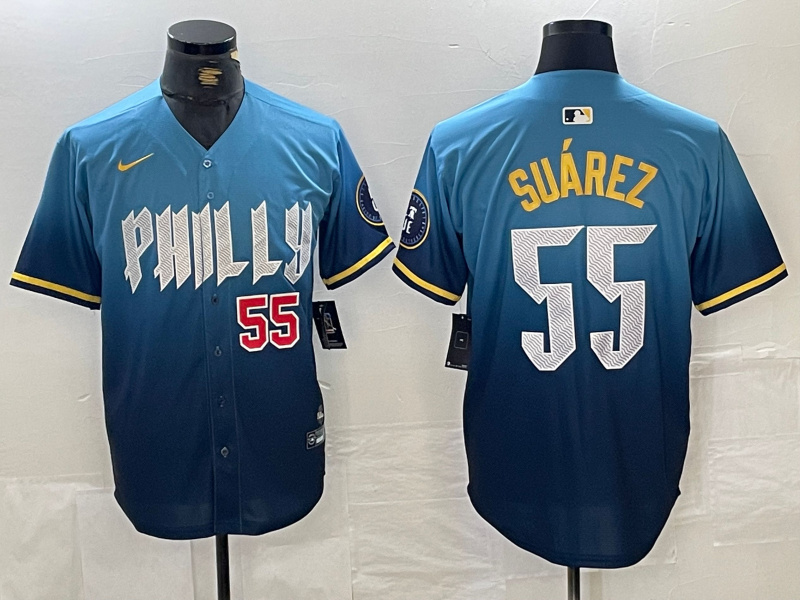 Personalized Men’s Philadelphia Phillies #55 Ranger Suárez Blue 2024 City Connect Limited Stitched Jersey