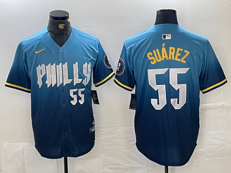 Personalized Men’s Philadelphia Phillies #55 Ranger Suárez Blue 2024 City Connect Limited Stitched Jersey