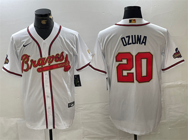 Personalized Men’s Atlanta Braves #20 Marcell Ozuna White Gold World Series Champions Cool Base Stitched Baseball Jersey