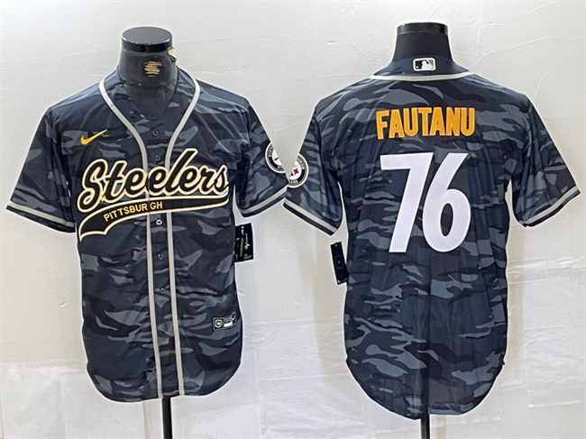 Personalized Men’s Pittsburgh Steelers #76 Troy Fautanu Grey Camo With Patch Cool Base Stitched Baseball Jersey