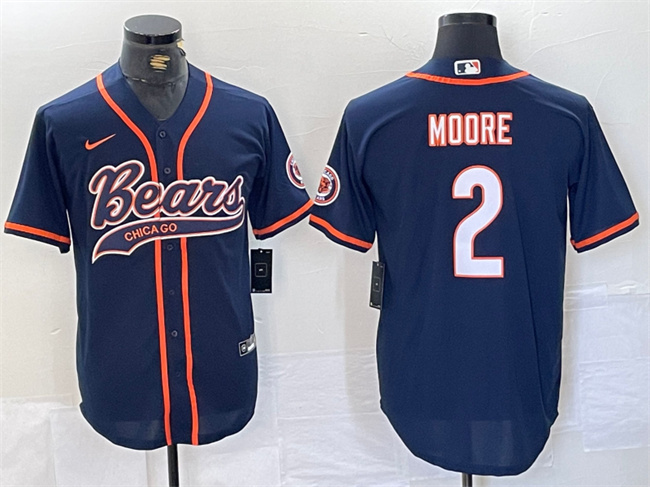 Personalized Men’s Chicago Bears #2 DJ Moore Navy With Patch Cool Base Stitched Baseball Jersey