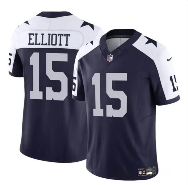 Personalized Men’s Dallas Cowboys #15 Ezekiel Elliott Navy White 2023 F.U.S.E Thanksgiving Limited Stitched Football Jersey