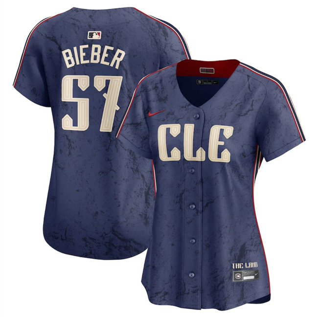Personalized Women’s Cleveland Guardians #57 Shane Bieber Navy 2024 City Connect Stitched Baseball Jersey(Run Small)