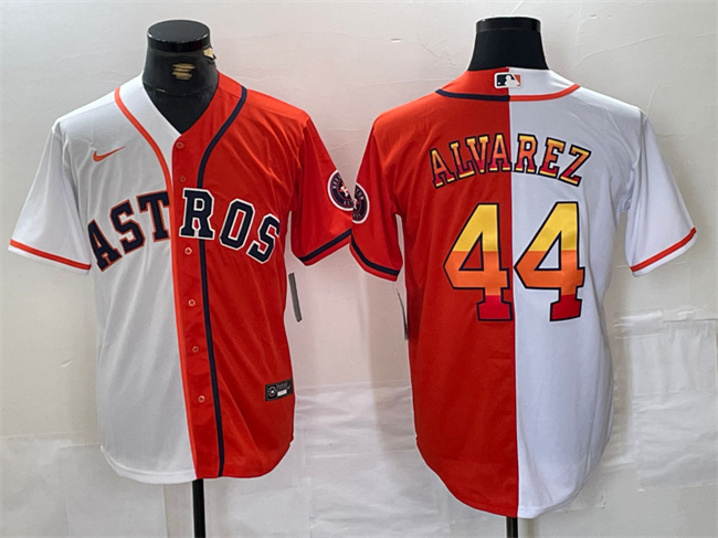 Personalized Men’s Houston Astros #44 Yordan Alvarez White Orange Split With Patch Cool Base Stitched Baseball Jersey