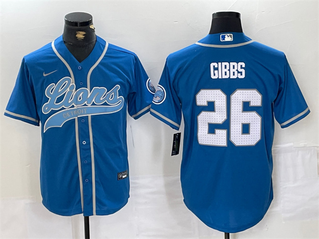 Personalized Men’s Detroit Lions #26 Jahmyr Gibbs Blue Cool Base Stitched Baseball Jersey