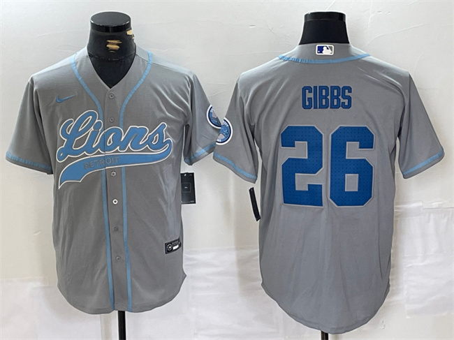 Personalized Men’s Detroit Lions #26 Jahmyr Gibbs Grey Cool Base Stitched Baseball Jersey