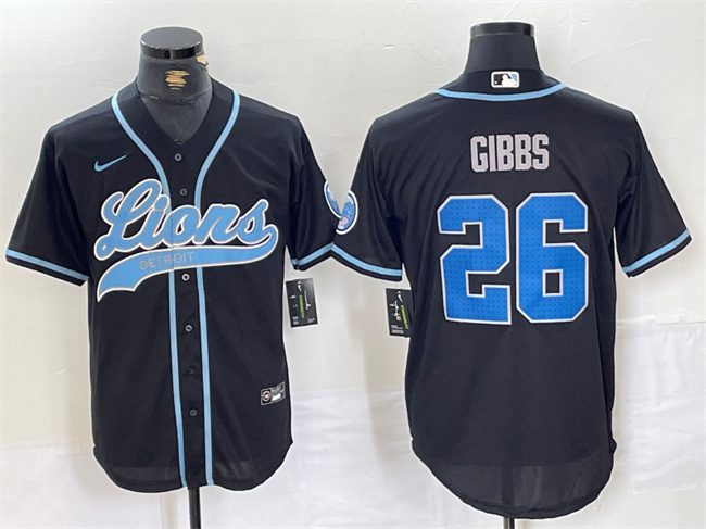 Personalized Men’s Detroit Lions #26 Jahmyr Gibbs Black Cool Base Stitched Baseball Jersey
