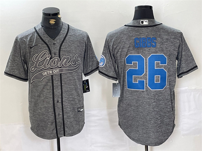 Personalized Men’s Detroit Lions #26 Jahmyr Gibbs Grey Cool Base Stitched Baseball Jersey