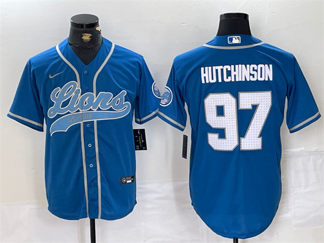 Personalized Men’s Detroit Lions #97 Aidan Hutchinson Blue Cool Base Stitched Baseball Jersey