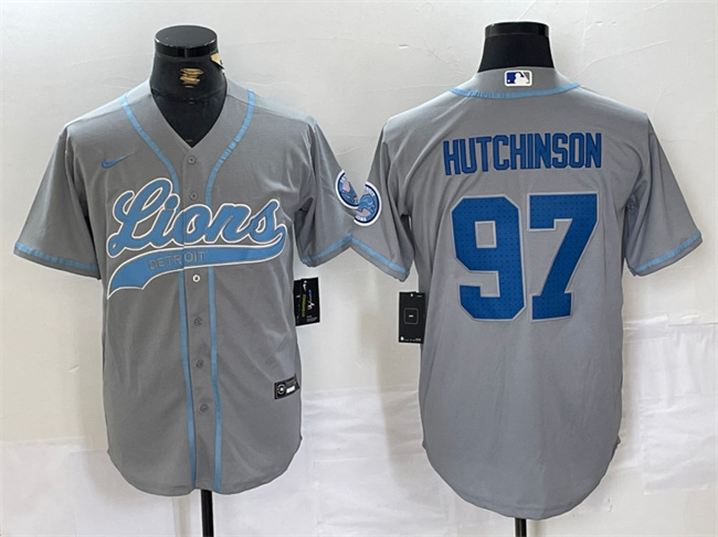 Personalized Men’s Detroit Lions #97 Aidan Hutchinson Grey Cool Base Stitched Baseball Jersey