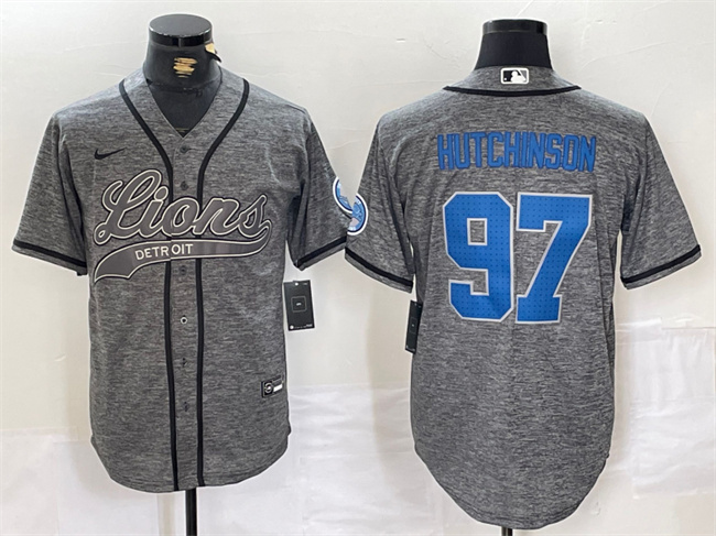 Personalized Men’s Detroit Lions #97 Aidan Hutchinson Grey Cool Base Stitched Baseball Jersey