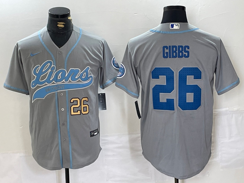 Personalized Men’s Detroit Lions #26 Jahmyr Gibbs Grey Cool Base Stitched Baseball Jerseys