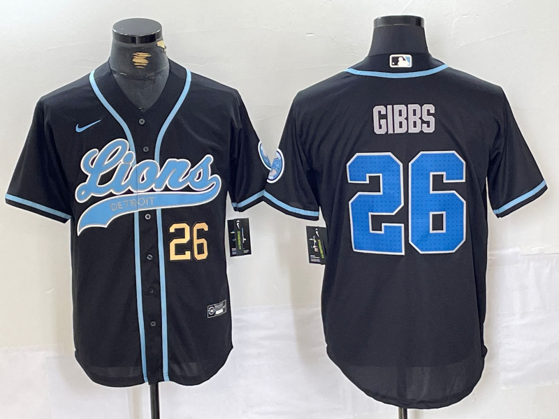 Personalized Men’s Detroit Lions #26 Jahmyr Gibbs Black Cool Base Stitched Baseball Jerseys