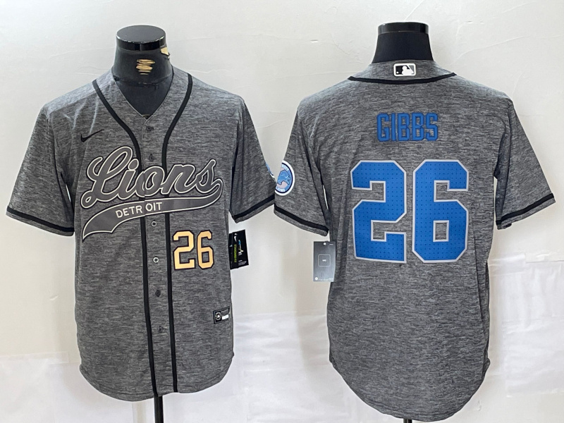 Personalized Men’s Detroit Lions #26 Jahmyr Gibbs Grey Cool Base Stitched Baseball Jerseys