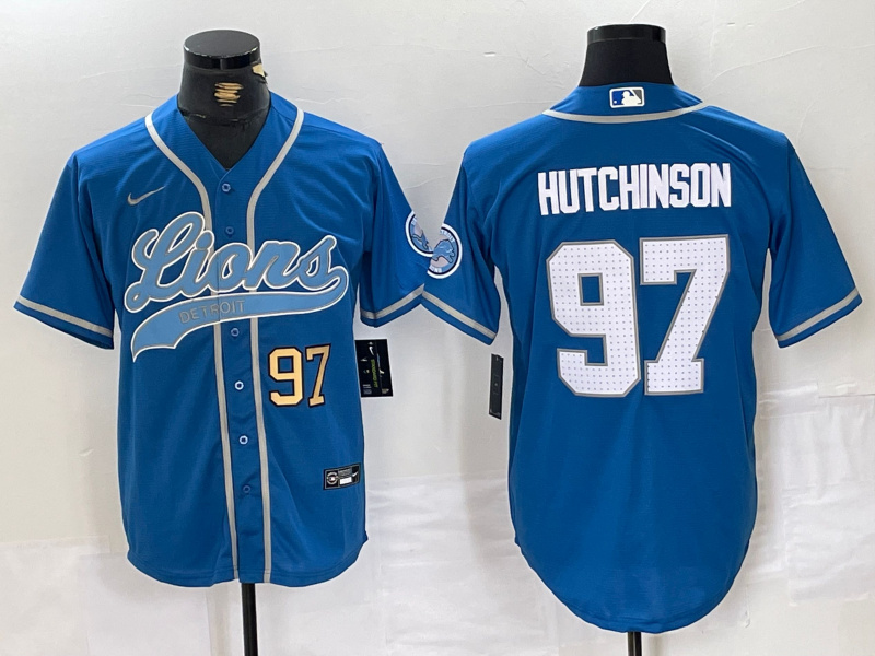 Personalized Men’s Detroit Lions #97 Aidan Hutchinson Blue Cool Base Stitched Baseball Jerseys