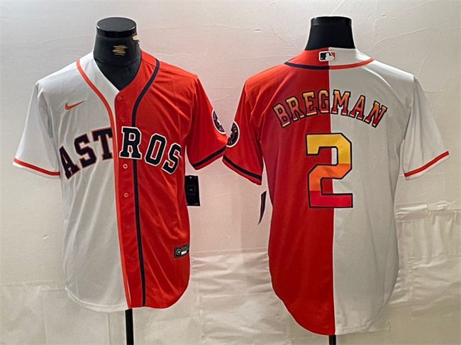 Personalized Men’s Houston Astros #2 Alex Bregman White Orange Split With Patch Cool Base Stitched Baseball Jersey