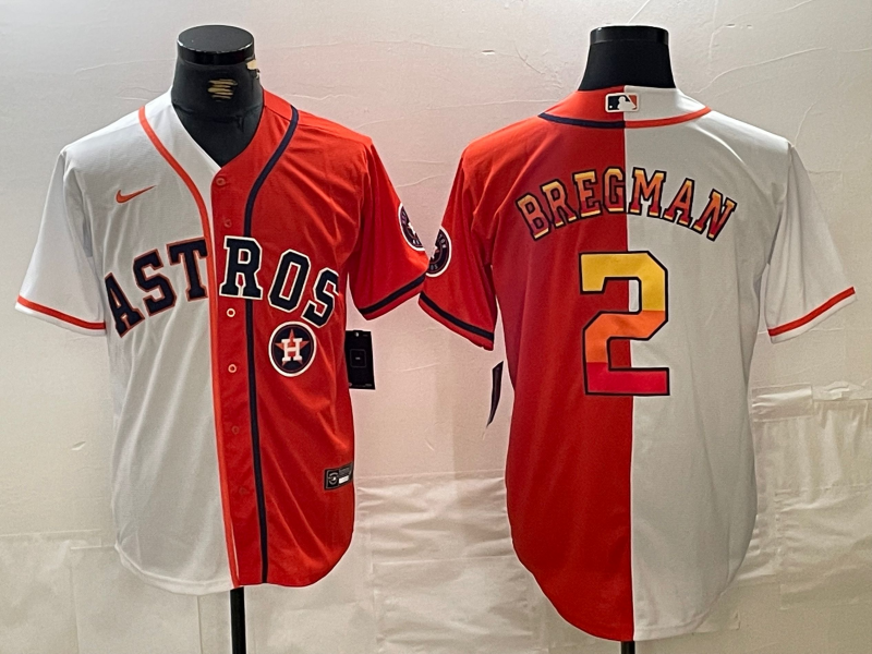 Personalized Men’s Houston Astros #2 Alex Bregman White Orange Split With Patch Cool Base Stitched Baseball Jerseys