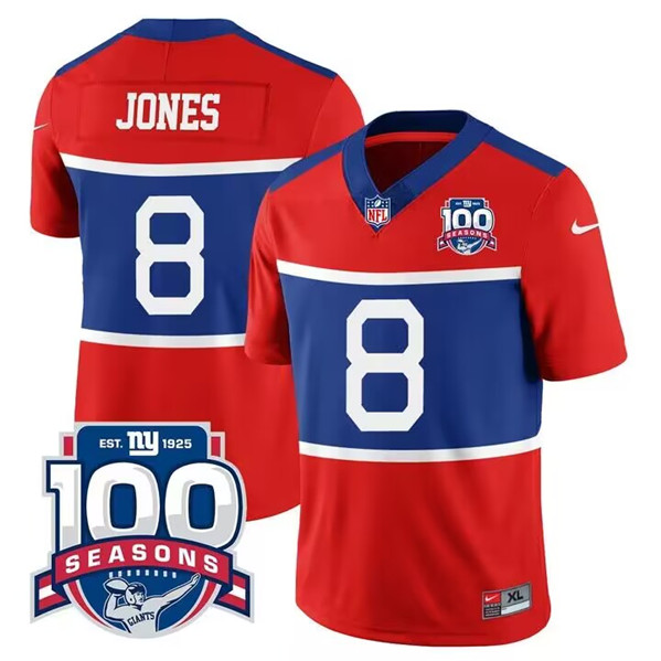 Personalized Men’s New York Giants #8 Daniel Jones Century Red 100TH Season Commemorative Patch Limited Stitched Football Jersey