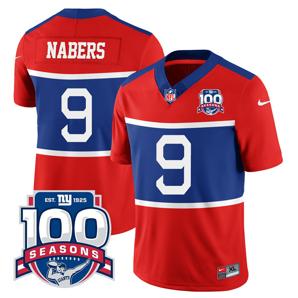 Personalized New York Giants #9 Malik Nabers Century Red 2024 Draft 100TH Season Commemorative Patch Limited Jersey