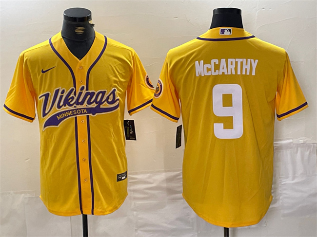 Personalized Men’s Minnesota Vikings #9 J.J. McCarthy Yellow Cool Base Stitched Baseball Jersey