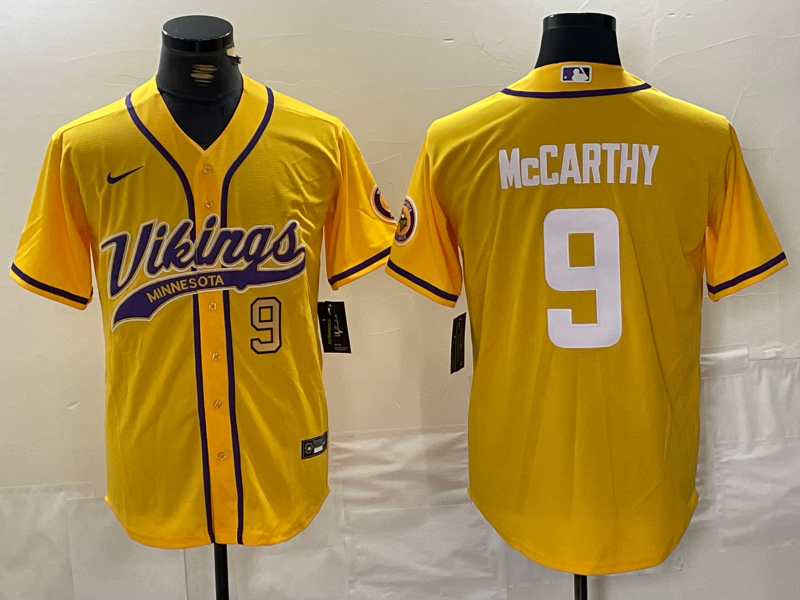 Personalized Men’s Minnesota Vikings #9 J.J. McCarthy Yellow Cool Base Stitched Baseball Jerseys