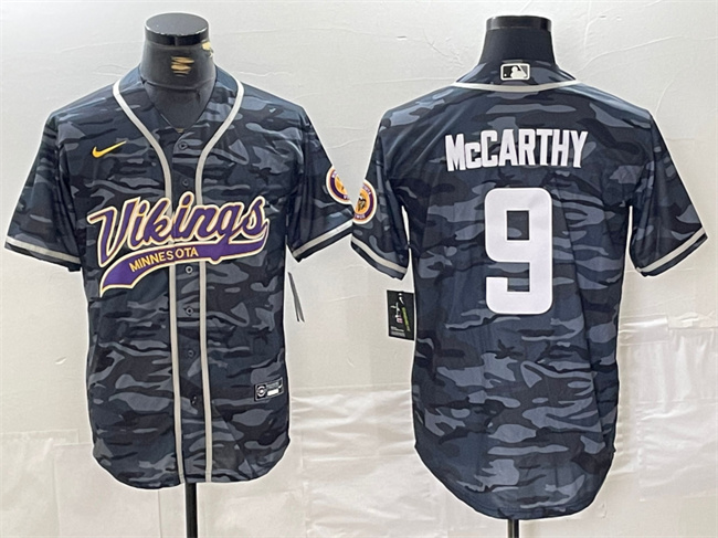 Personalized Men’s Minnesota Vikings #9 J.J. McCarthy Grey Camo Cool Base Stitched Baseball Jersey