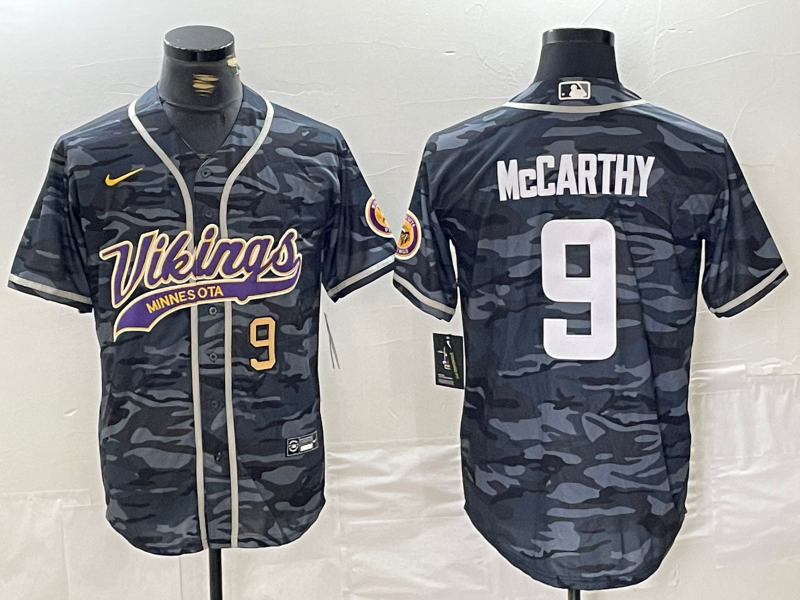 Personalized Men’s Minnesota Vikings #9 J.J. McCarthy Grey Camo Cool Base Stitched Baseball Jerseys