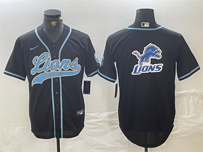 Personalized Men’s Detroit Lions Team Big Logo Black Cool Base Stitched Baseball Jersey