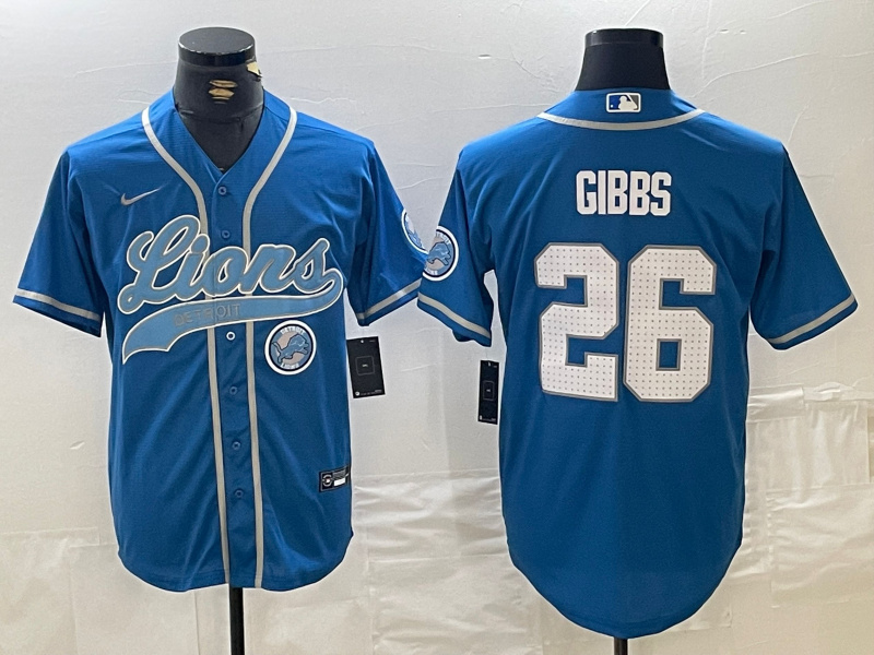 Personalized Men’s Detroit Lions #26 Jahmyr Gibbs Blue Cool Base Stitched Baseball Jersey