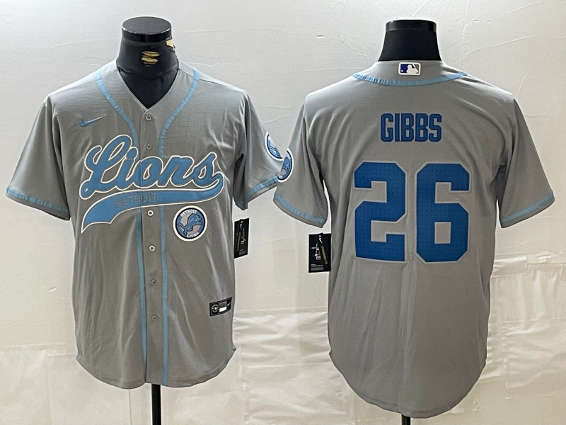 Personalized Men’s Detroit Lions #26 Jahmyr Gibbs Grey Cool Base Stitched Baseball Jersey