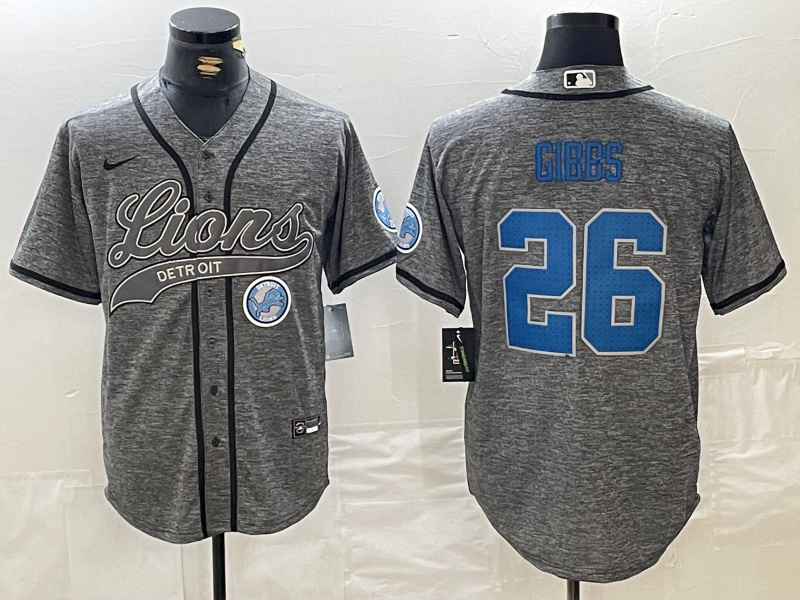 Personalized Men’s Detroit Lions #26 Jahmyr Gibbs Grey Cool Base Stitched Baseball Jerseys